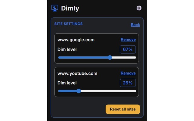 Dimly site settings overlay with per-site controls